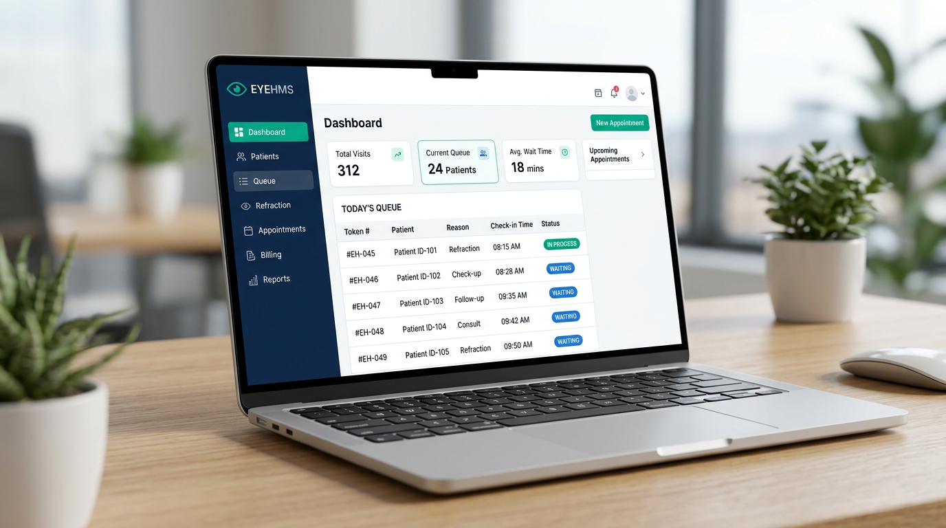 EyeHMS dashboard showing OPD queue and clinic overview