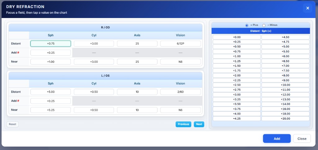 EyeHMS dry refraction modal: R/OD and L/OS sphere cylinder axis vision with value chart